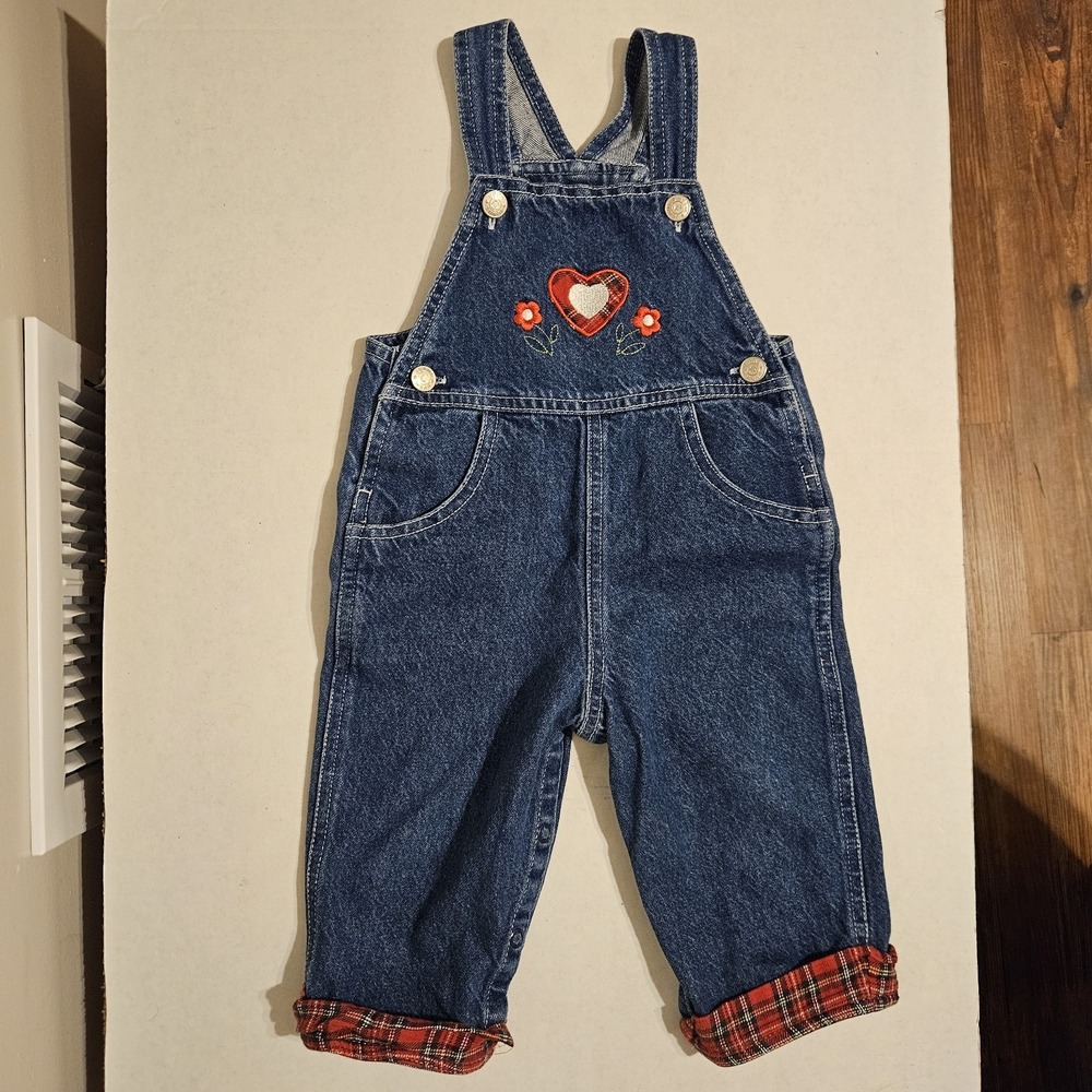 Vintage Girl's Denim Overalls Plaid Hearts Flowers Embroidered Size 12m 90s Y2K